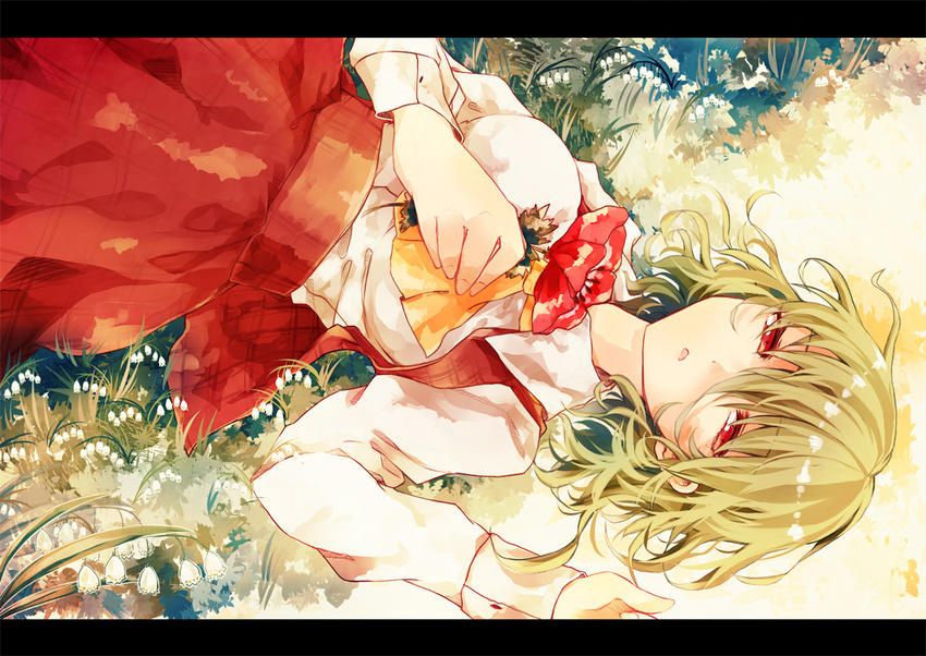 ascot flower grass green_hair half-closed_eyes kaio_(watagami) kazami_yuuka letterboxed lily_of_the_valley long_sleeves lying on_back open_clothes open_vest red_eyes shirt skirt skirt_set solo touhou vest