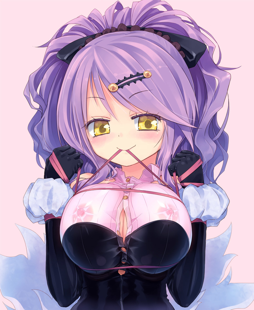 bdsm blush bondage bound breast_bondage breasts center_opening chandelure cleavage covered_nipples dress elbow_gloves eyelashes gen_5_pokemon gloves hair_ornament hairclip highres homura_subaru large_breasts mouth_hold nipples personification pokemon ponytail purple_hair ribbon ribbon_bondage ribbon_in_mouth see-through smile solo unbuttoned upper_body yellow_eyes