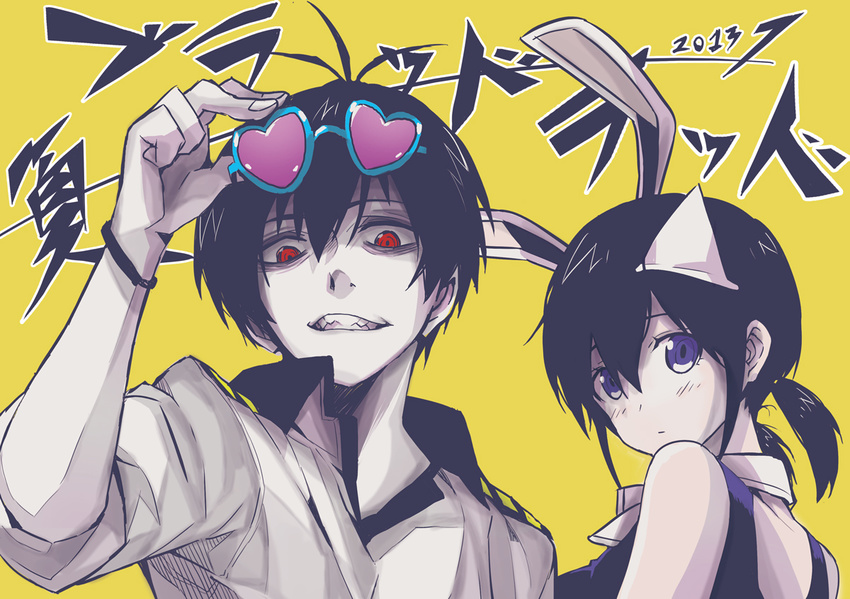 1girl adjusting_eyewear black_hair blood_lad blue_eyes breasts grin heart heart-shaped_eyewear looking_at_viewer medium_breasts red_eyes sharp_teeth short_hair smile sunglasses teeth tokiti triangular_headpiece vlad_charlie_staz yanagi_fuyumi