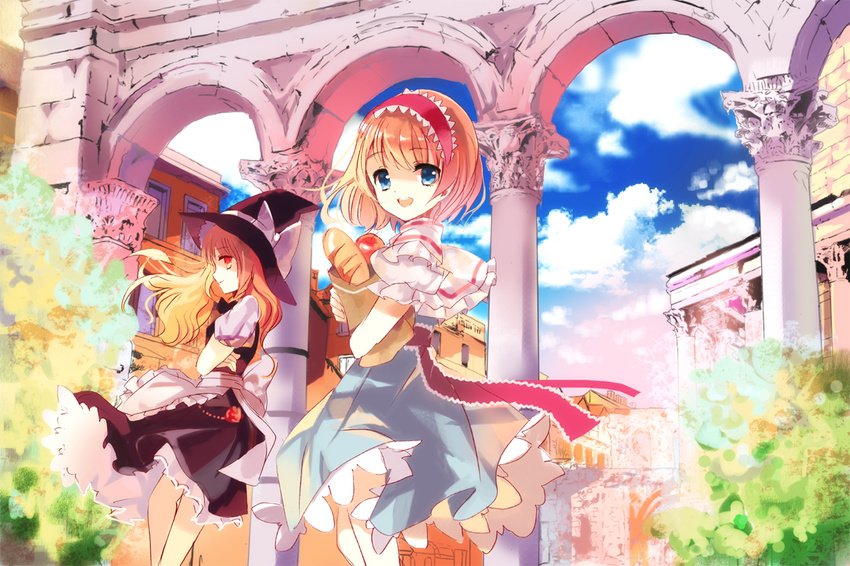 alice_margatroid apron arcade_(architecture) bad_id bad_pixiv_id bag black_dress blonde_hair blue_eyes capelet cloud crossed_arms day dress hairband hat kirisame_marisa leaning_back lolita_hairband looking_at_viewer looking_back multiple_girls open_mouth puffy_sleeves sash shopping_bag short_sleeves smile suzuran_(betuaka0922) touhou waist_apron wind wind_lift witch_hat yellow_eyes