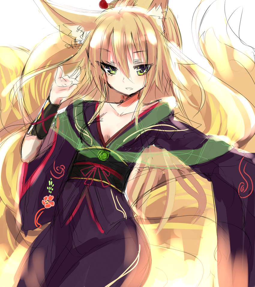 alternate_costume animal_ears blonde_hair flower fox_ears fox_shadow_puppet fox_tail green_eyes haik highres japanese_clothes kimono kokonoe_tsubaki long_hair multiple_tails obi original sash sketch solo tail white_background wide_sleeves