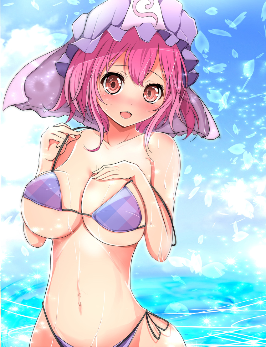 absurdres alternate_costume bad_id bad_pixiv_id bare_shoulders bikini blush breasts cleavage full-face_blush hat highres large_breasts looking_at_viewer off_shoulder open_mouth pink_eyes pink_hair saigyouji_yuyuko short_hair side-tie_bikini smile solo strap_slip swimsuit touhou triangular_headpiece underboob velia wet