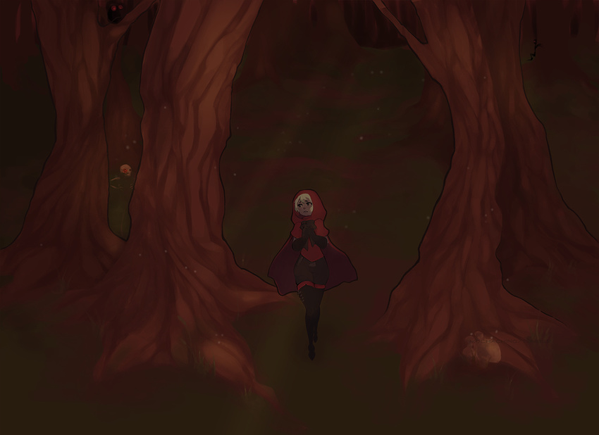 blonde_hair cloak dark_skin forest gloves hands_clasped hood little_red_riding_cape little_red_riding_hood mocha_(mochamura) nature original own_hands_together pantyhose shorts solo_focus werewolf when_you_see_it