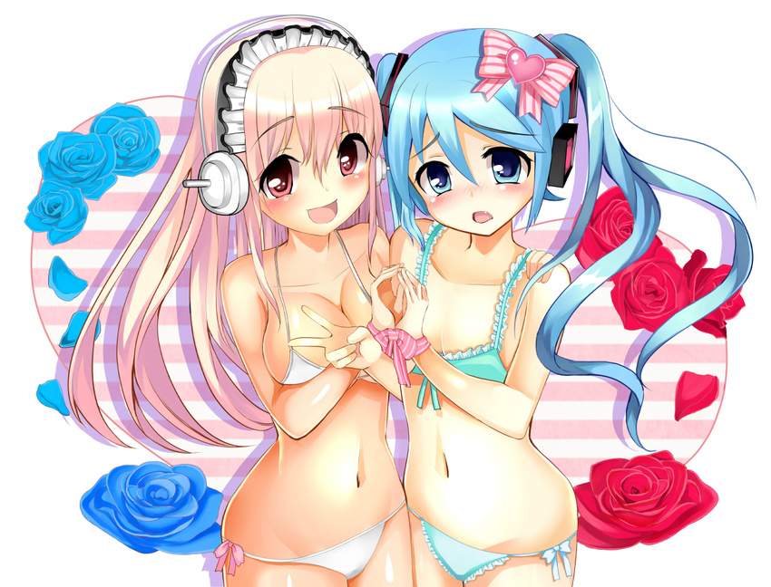 bad_id bad_pixiv_id bikini blue_eyes blue_hair blush breasts cleavage flat_chest flower hatsune_miku headphones large_breasts long_hair looking_at_viewer multiple_girls navel nitroplus open_mouth pink_eyes pink_hair razuchi ribbon rose side-tie_bikini simple_background smile super_sonico swimsuit twintails v vocaloid