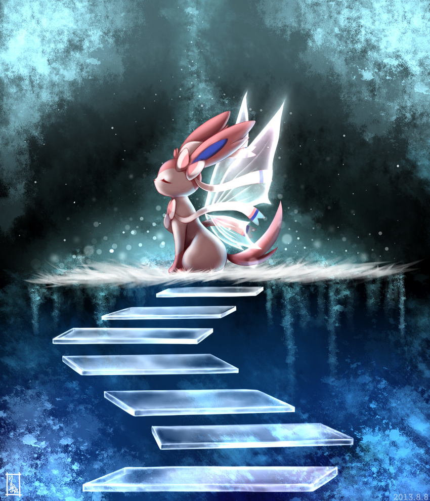 dated fairy_wings gen_6_pokemon highres no_humans pokemon pokemon_(creature) ribbon ryuma210 signature sitting solo stairs sylveon wings