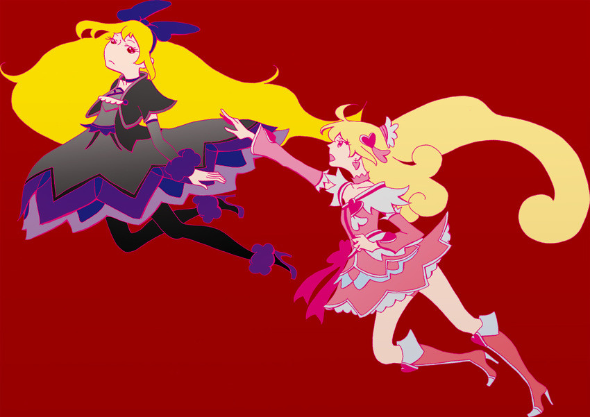 aida_mana bad_id bad_pixiv_id blonde_hair boots bow cure_heart dokidoki!_precure flying hair_ornament hairband half_updo heart heart_hair_ornament long_hair multiple_girls outstretched_arm pink_bow pink_eyes pink_footwear pink_sleeves precure profile purple_ribbon reaching_out red_background red_eyes regina_(dokidoki!_precure) ribbon rioka_(aioueooo) running simple_background
