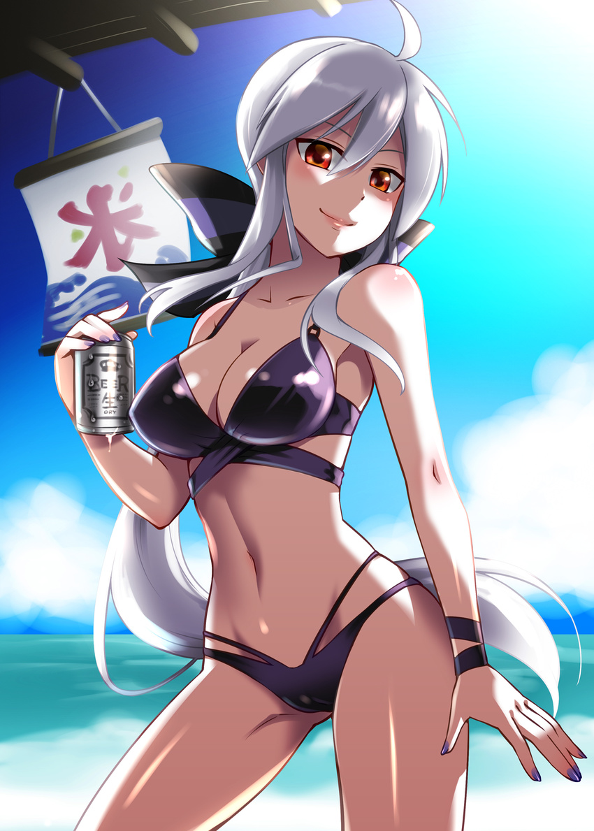 ahoge alcohol bare_shoulders beach beer bikini blurry bow breasts caffein can cleavage cloud day depth_of_field groin hair_bow highres holding kooribata long_hair looking_at_viewer medium_breasts nail_polish navel ocean outdoors red_eyes shiny shiny_skin silver_hair sky smile solo swimsuit very_long_hair vocaloid voyakiloid water yowane_haku
