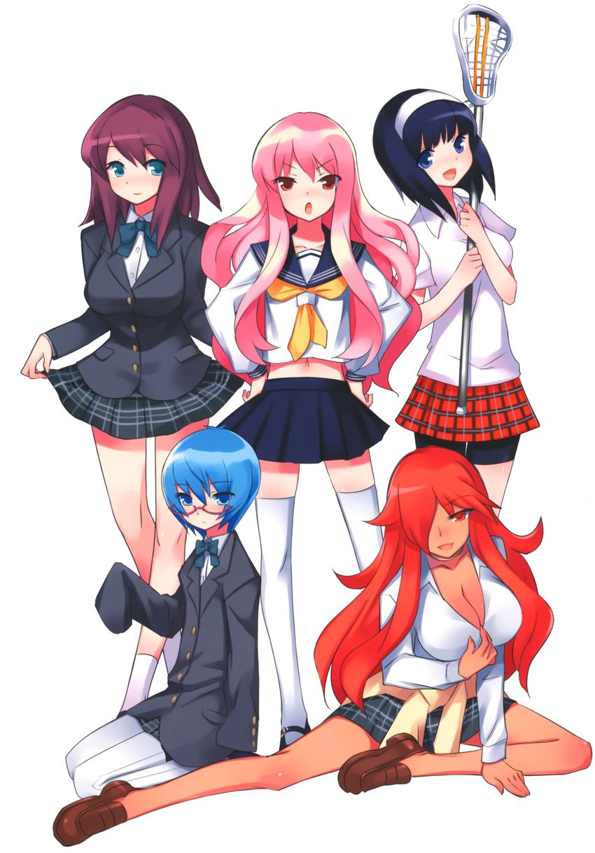 5girls absurdres blue_hair henrietta_de_tristain highres kirche kirche_augusta_frederica_von_anhalt_zerbst louise louise_francoise_le_blanc_de_la_valliere multiple_girls pink_hair school_uniform seifuku short_hair siesta tabitha white_background zero_no_tsukaima