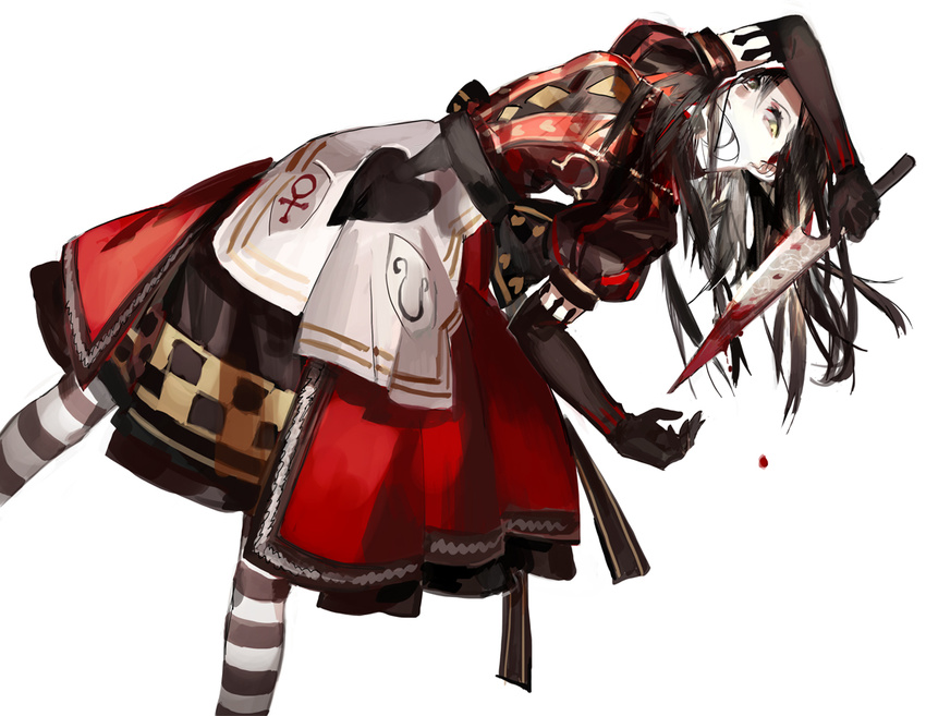alice:_madness_returns alice_(wonderland) american_mcgee's_alice apron black_hair blade blood dress gloves long_hair pantyhose solo starshadowmagician striped striped_legwear yellow_eyes