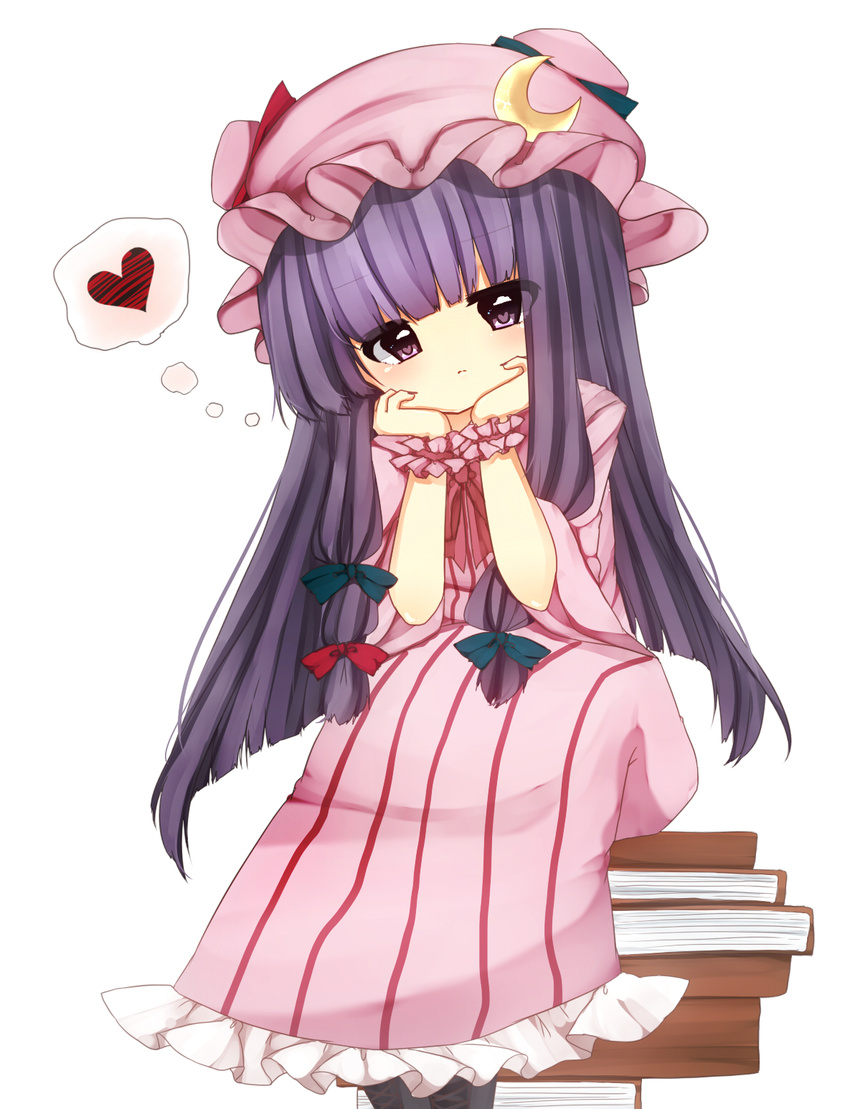 a-iueo arm_support book_stack crescent dress hair_ribbon hat heart highres long_hair looking_at_viewer patchouli_knowledge pile_of_books pink_dress purple_eyes purple_hair ribbon simple_background sitting sitting_on_object solo spoken_heart striped striped_dress touhou tress_ribbon very_long_hair white_background wrist_cuffs