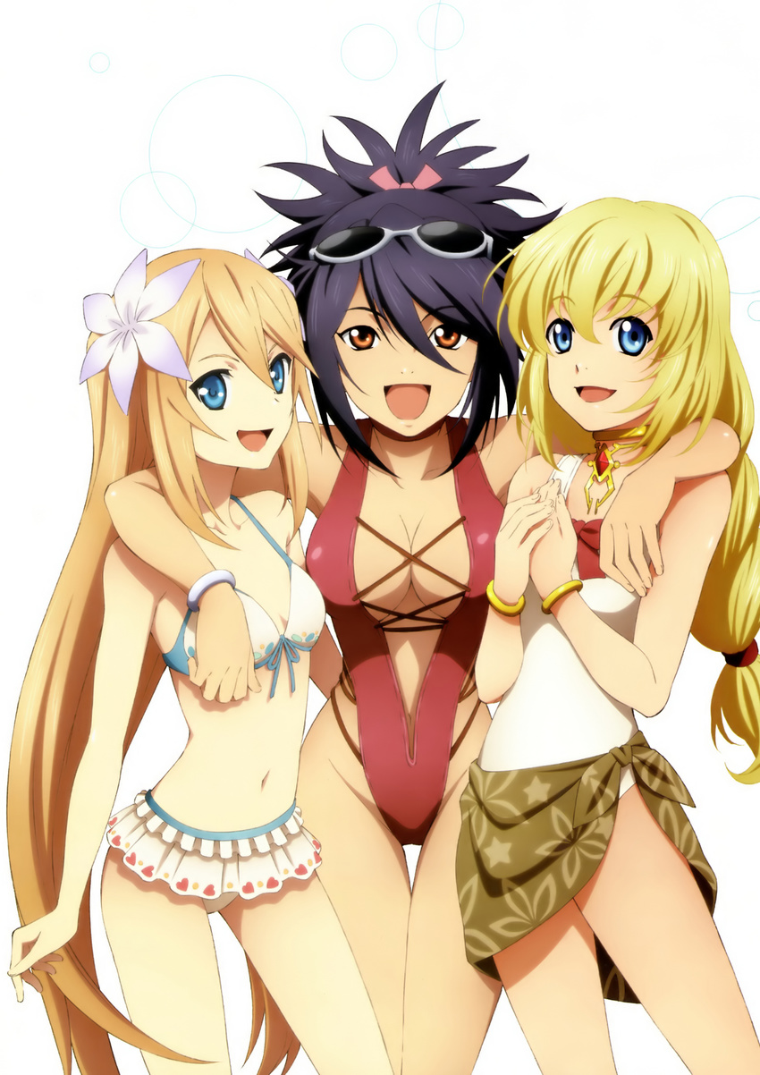 :d absurdres age_difference arm_around_shoulder armpits artist_request bangs bikini bikini_skirt black_hair blonde_hair blue_eyes bow bracelet breasts brown_sarong casual_one-piece_swimsuit center_opening choker cleavage clenched_hand collet_brunel cowboy_shot cross-laced_clothes eyewear_on_head floral_print flower front-tie_bikini front-tie_top fujibayashi_shiina gem groin hair_between_eyes hair_flower hair_ornament hair_ribbon hands_together happy heart heart_print high_ponytail highleg highleg_swimsuit highres hug jewelry large_breasts legs_apart legs_together long_hair looking_at_viewer low-tied_long_hair low_twintails marta_lualdi messy_hair multiple_girls navel neck_ring one-piece_swimsuit open_mouth orange_eyes orange_hair ponytail print_sarong red_swimsuit ribbon ruby_(stone) sarong scrunchie short_hair short_ponytail side-by-side sidelocks simple_background slender_waist small_breasts smile standing star star_print sunglasses swimsuit tales_of_(series) tales_of_symphonia tales_of_symphonia_knight_of_ratatosk thigh_gap twintails very_long_hair white_background white_bikini white_swimsuit
