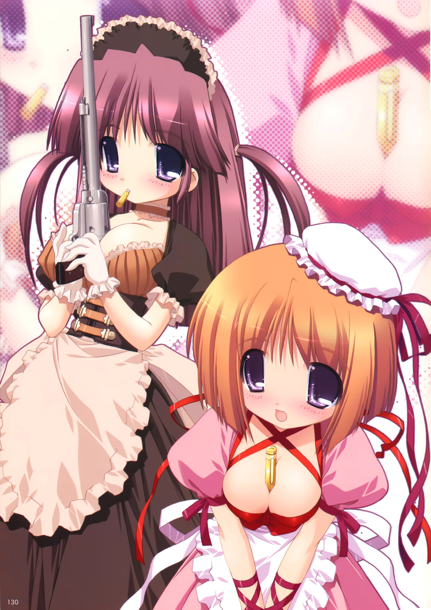 2girls absurdres blush gun highres long_hair maid multiple_girls ohno_tetsuya oono_tetsuya weapon