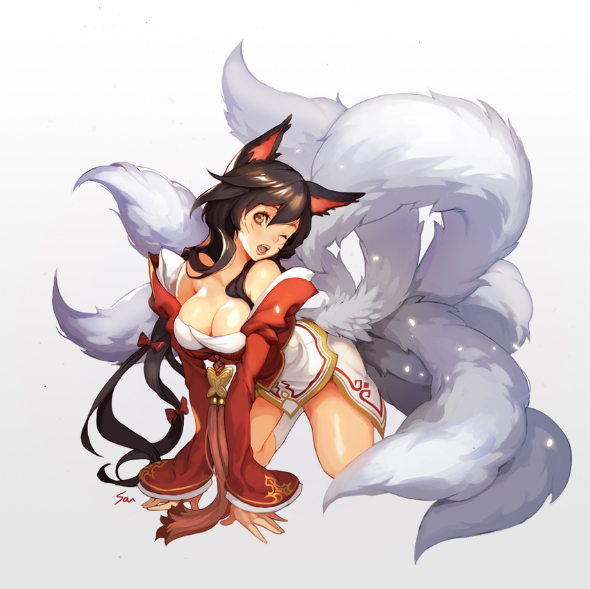 ;d ahri all_fours animal_ears black_hair breasts brown_eyes cleavage detached_sleeves fangs fox_ears fox_tail highres large_breasts league_of_legends long_hair multiple_tails nawol one_eye_closed open_mouth smile tail