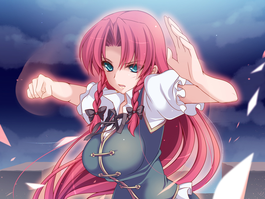 aqua_eyes aura braid breasts chinese_clothes cloud earrings fighting_stance hair_ribbon hong_meiling jewelry large_breasts long_hair looking_at_viewer moneti_(daifuku) no_hat no_headwear open_mouth red_hair ribbon sky solo touhou twin_braids upper_body very_long_hair