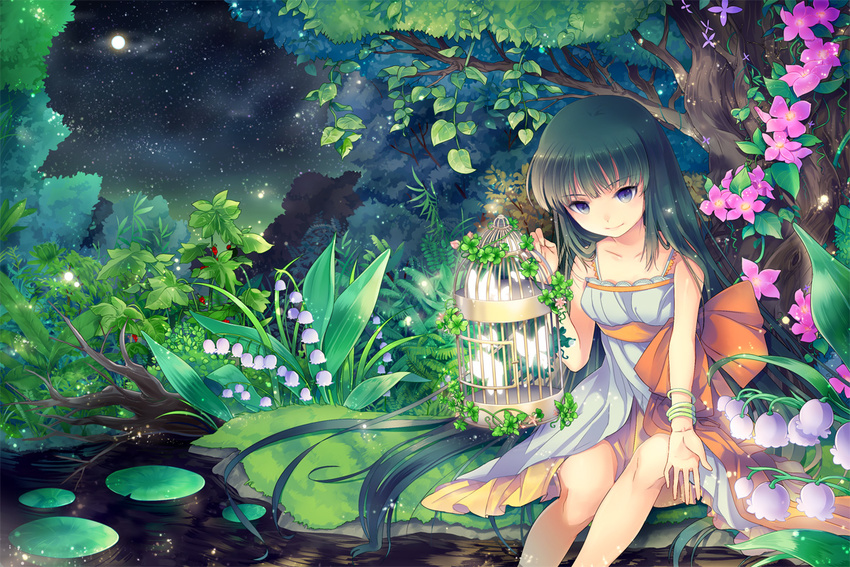 bad_id bad_pixiv_id black_hair blue_eyes bracelet bug butterfly cage dress ells flower forest full_moon insect jewelry leaf lily_of_the_valley long_hair moon nature night night_sky original sitting sky smile soaking_feet solo tree water
