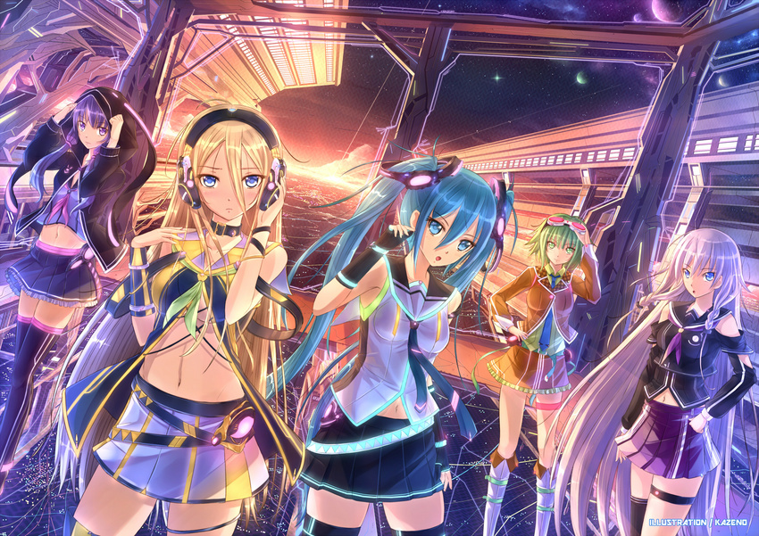 aqua_eyes aqua_hair blonde_hair blue_eyes green_eyes green_hair gumi hatsune_miku highres ia_(vocaloid) kazeno lily_(vocaloid) long_hair midriff multiple_girls navel necktie purple_eyes purple_hair short_hair thighhighs twintails vocaloid voiceroid yuzuki_yukari