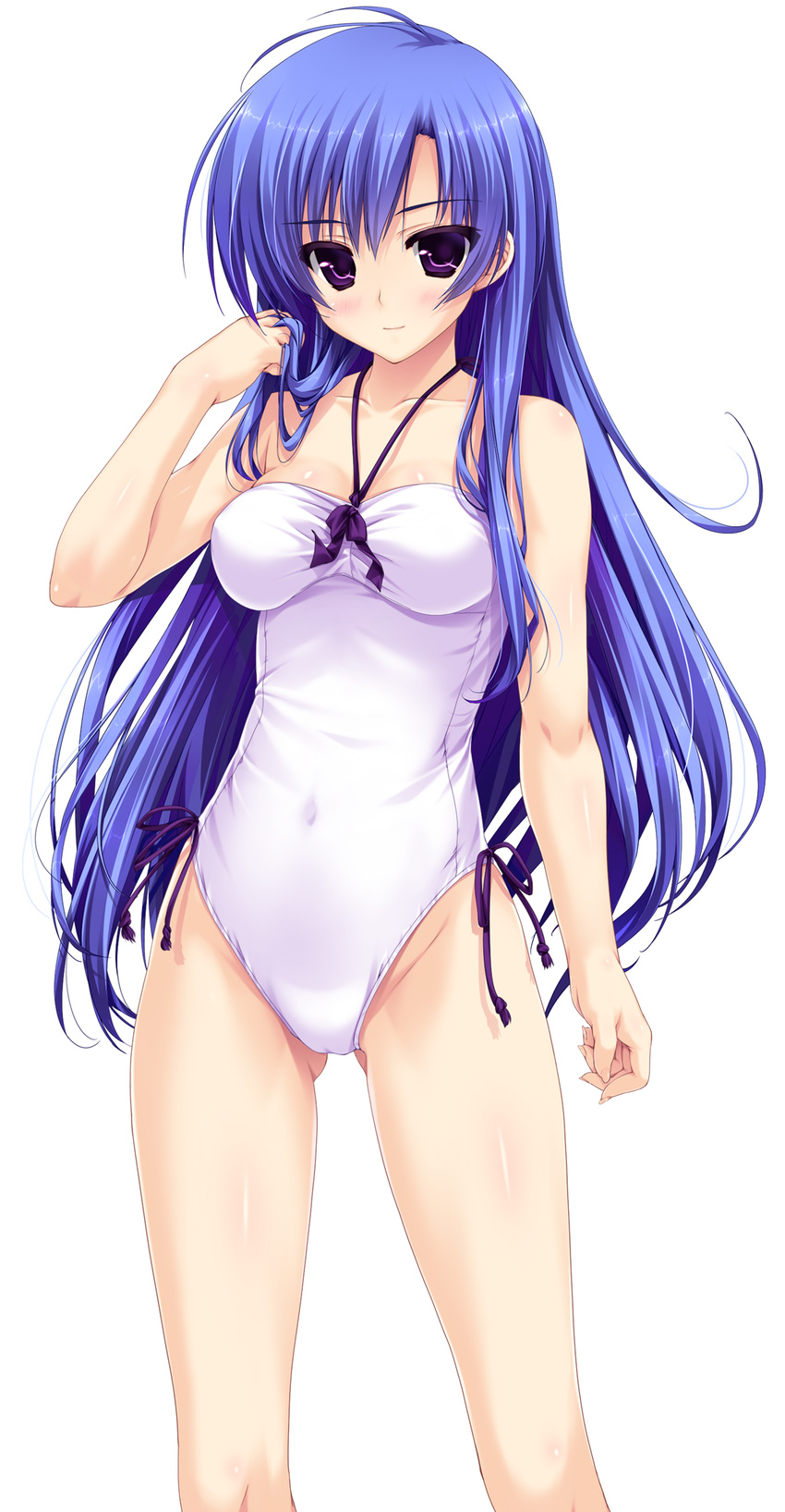 bare_shoulders blue_hair covered_navel hair_tucking highres kujou_hatsune light_smile long_hair one-piece_swimsuit prism_recollection! purple_eyes shintarou simple_background solo standing swimsuit very_long_hair white_background white_swimsuit