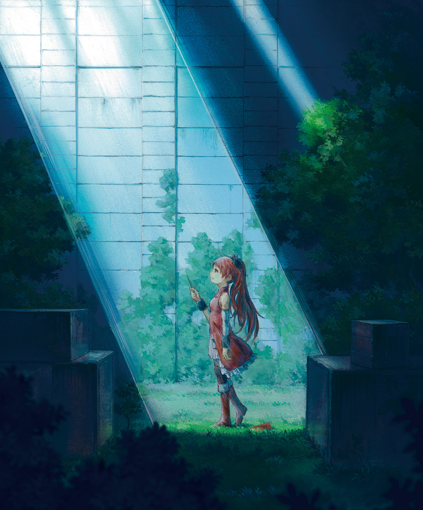 blue box food grass highres light_rays long_hair magical_girl mahou_shoujo_madoka_magica miso_pan overgrown pocky ponytail profile red_hair sakura_kyouko solo sunbeam sunlight traditional_media