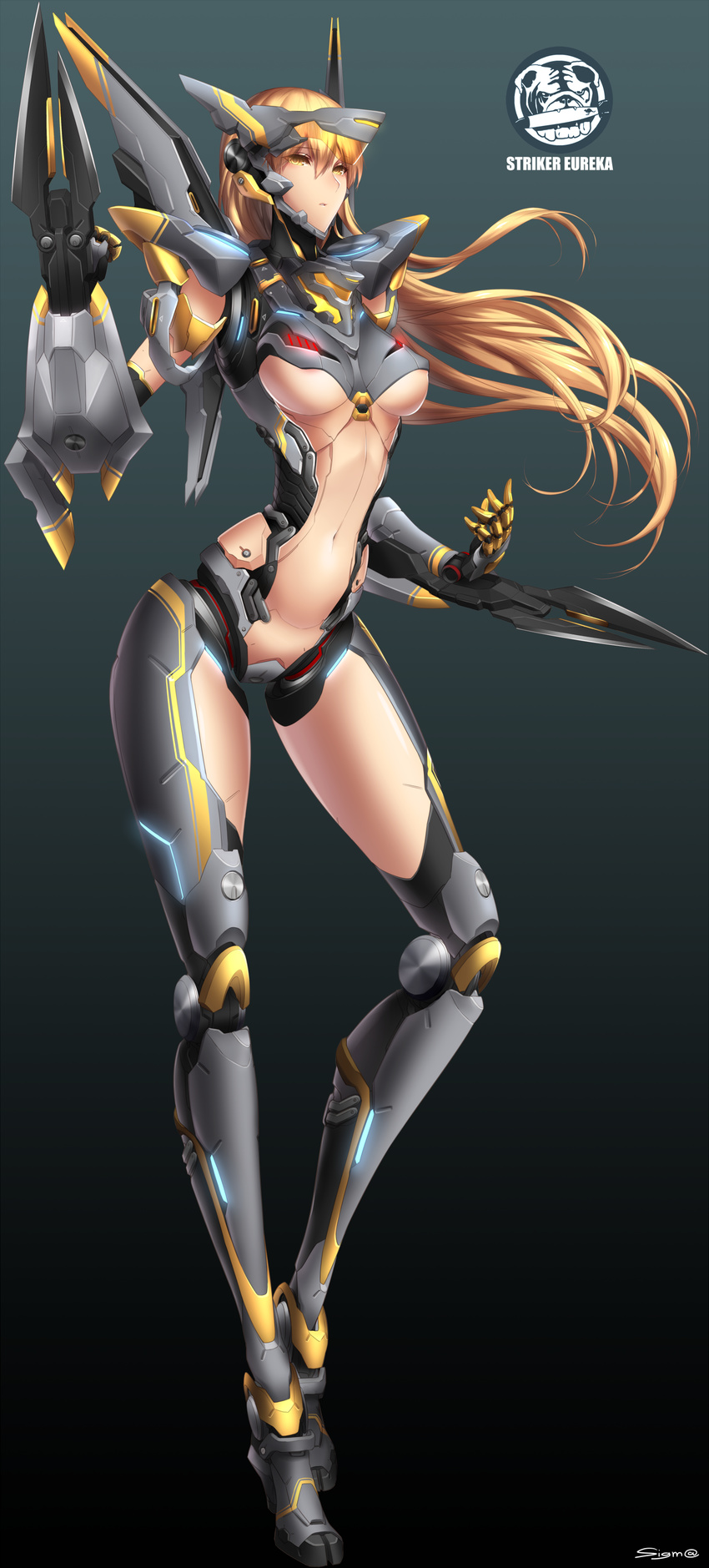 absurdres areola_slip areolae arm_blade armor bad_id bad_pixiv_id blonde_hair dual_wielding full_body headgear highres holding long_hair mecha_musume navel pacific_rim personification revealing_clothes robot_joints sigm@ slender_waist striker_eureka visor weapon yellow_eyes