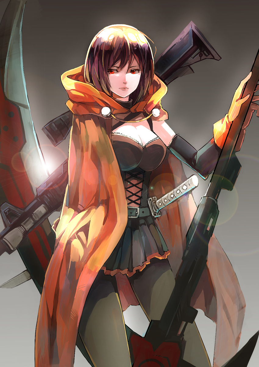 alternate_costume bad_id bad_pixiv_id black_hair breasts cape cleavage cloak corset crescent_rose gloves gradient gradient_background gun highres hood hood_down hooded_cloak huge_weapon katana large_breasts lens_flare lips pantyhose red_eyes rifle ruby_rose rwby scythe short_hair skirt sniper_rifle solo sword weapon zhuxiao517