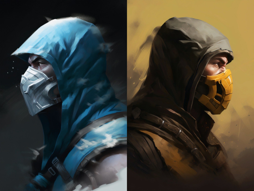 21xfour 2boys back-to-back brush_stroke commentary english_commentary highres male_focus mask mortal_kombat_(series) mouth_mask multiple_boys muscular muscular_male ninja ninja_mask painting_(medium) scorpion_(mortal_kombat) simple_background sub-zero traditional_media upper_body