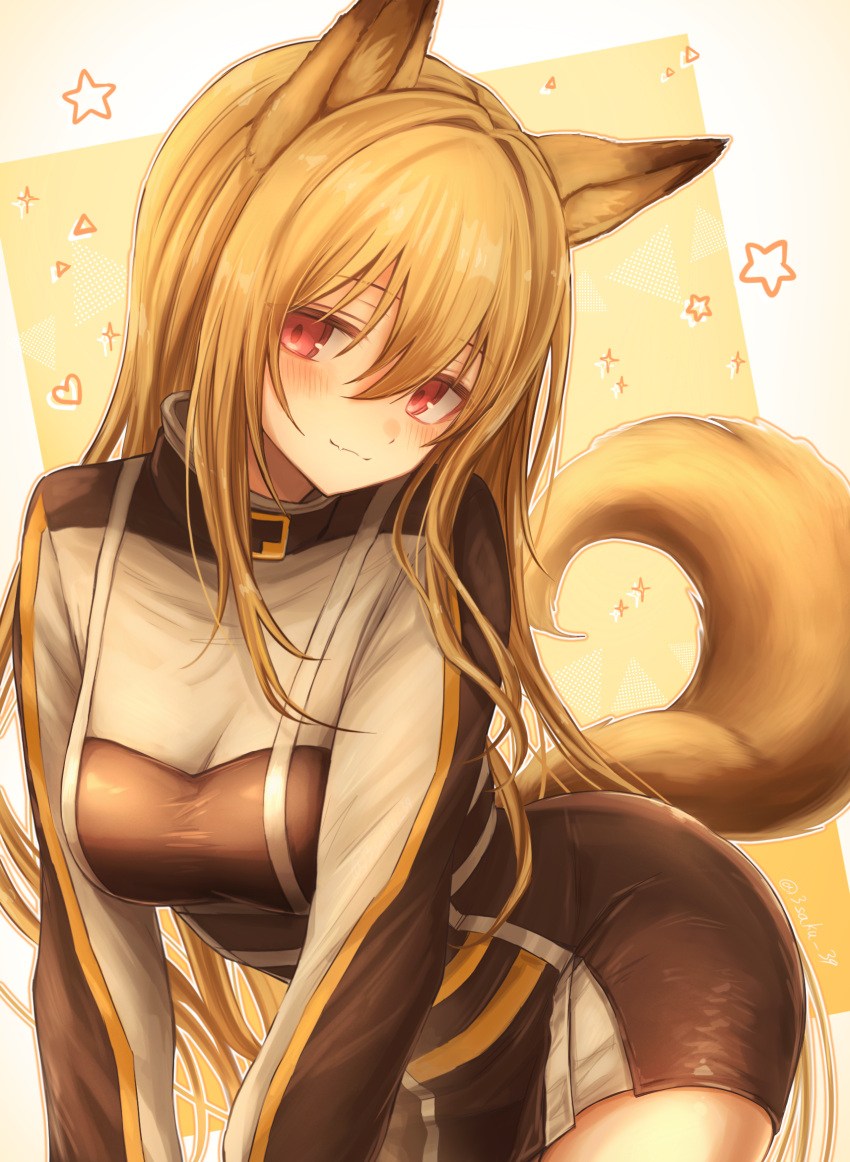 1girl 3_(sanyako1) :3 animal_ears arknights breasts brown_hair ceobe_(arknights) closed_mouth commentary dog_ears dog_girl dog_tail fang heart highres long_hair long_sleeves looking_at_viewer red_eyes smile solo star_(symbol) tail very_long_hair