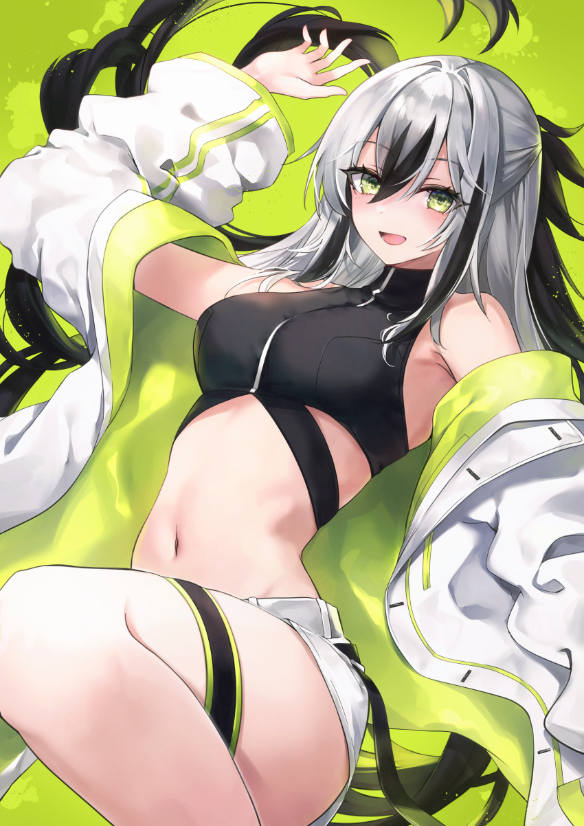 1girl absurdres bare_shoulders black_hair black_shirt breasts cropped_shirt fate/grand_order fate_(series) green_eyes green_jacket hair_between_eyes hane_yuki highres jacket long_hair long_sleeves looking_at_viewer medium_breasts midriff multicolored_clothes multicolored_hair multicolored_jacket nagao_kagetora_(fate) navel off_shoulder open_clothes open_jacket open_mouth shirt short_shorts shorts sidelocks sleeveless sleeveless_shirt smile solo thigh_strap thighs two-tone_hair two-tone_jacket uesugi_kenshin_(fate) uesugi_kenshin_(second_ascension)_(fate) very_long_hair white_hair white_jacket white_shorts