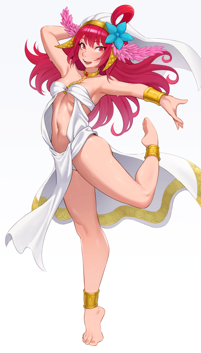 1girl absurdres ankle_cuffs barefoot cheshirrr dancer feet hair_ornament harem_outfit highres long_hair magi_the_labyrinth_of_magic morgiana open_mouth red_eyes red_hair solo