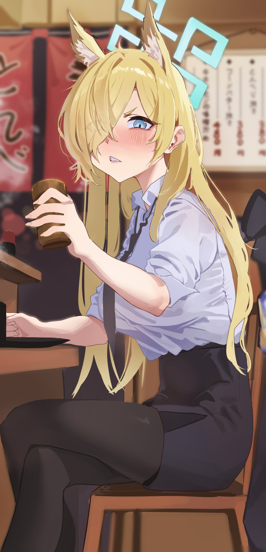 1girl absurdres animal_ear_fluff animal_ears black_necktie black_pantyhose black_skirt blonde_hair blue_archive blue_eyes blue_halo blue_shirt commentary_request crossed_legs cup drinking_glass eyes_visible_through_hair gubbi_on hair_over_one_eye halo highres holding holding_cup kanna_(blue_archive) korean_commentary long_hair looking_at_viewer necktie pantyhose shirt short_sleeves sitting skirt