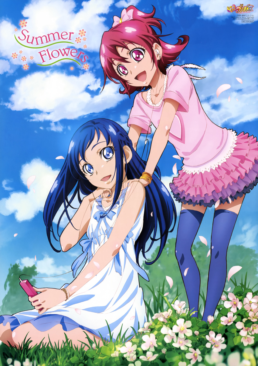 :d absurdres aida_mana animage bare_shoulders blue_eyes blue_hair blue_sky blurry bow cloud day depth_of_field dokidoki!_precure earphones english eyelashes flower frills grass half_updo hands_on_shoulders highres hishikawa_rikka holding_hands long_hair media_player multiple_girls official_art on_ground open_mouth outdoors petals pink_bow pink_eyes pink_hair poster precure scan shared_earphones short_hair short_sleeves sitting sky sleeveless smile standing takahashi_akira thighhighs wariza wristband zettai_ryouiki