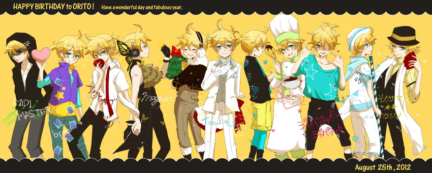 \m/ blonde_hair blue_eyes blush dated hat heart highres holding_hands hood hoodie kagamine_len looking_at_viewer male_focus multiple_boys multiple_persona open_mouth sakanashi smile vocaloid