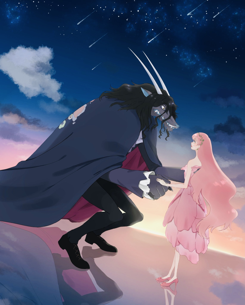1boy 1girl belle_(ryuu_to_sobakasu_no_hime) black_footwear black_hair black_pants blue_cape cape cloud coat commentary_request dragon_boy dragon_horns dress fangs fangs_out furry furry_male grey_coat highres holding_hands horns looking_at_another meteor_shower oimo_(ydjx5845) pants pink_dress pink_footwear pink_hair reflection reflective_water ryuu_(ryuu_to_sobakasu_no_hime) ryuu_to_sobakasu_no_hime shirt shooting_star sky star_(sky) starry_sky white_shirt