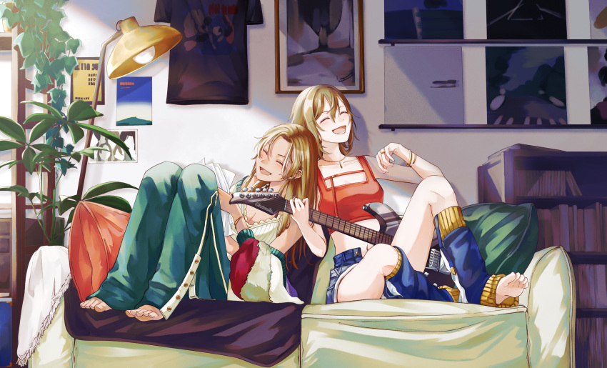 2girls absurdres album_cover barefoot blanket blonde_hair book bookshelf bracelet closed_eyes couch cover electric_guitar guitar highres holding holding_paper idolmaster idolmaster_cinderella_girls instrument jacket jewelry kimura_natsuki kumatsuki_(no-kirin) lamp leaning_on_person leg_warmers long_hair matsunaga_ryo multiple_girls necklace open_clothes open_fly open_jacket open_mouth pants paper pillow plant portrait_(object) potted_plant ring shelf short_hair shorts smile tank_top