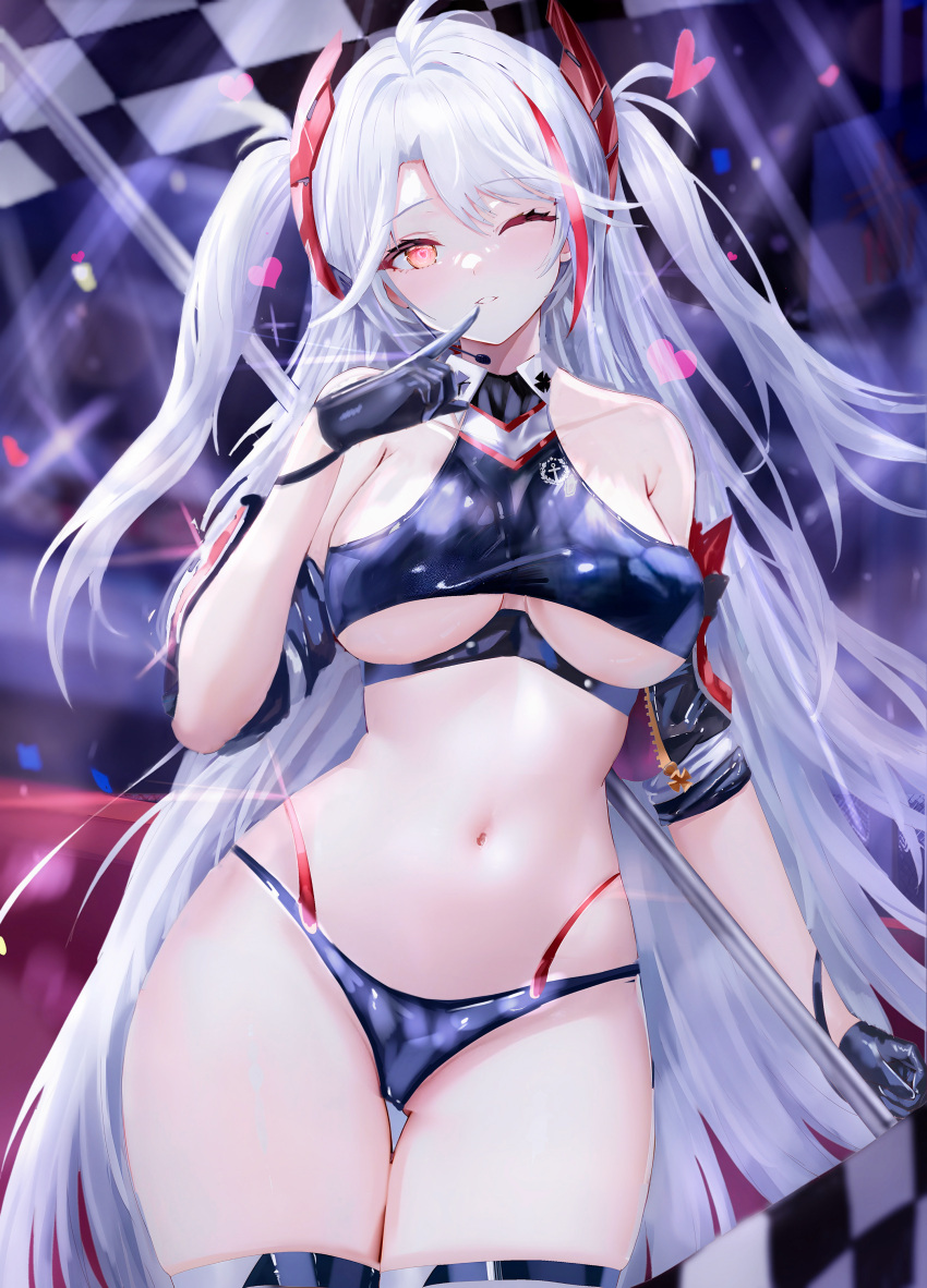 1girl absurdres age_fx ahoge azur_lane bare_shoulders black_gloves breasts commentary_request contrapposto cowboy_shot crop_top gloves glowing glowing_eyes grey_hair grin halterneck heart heart-shaped_pupils highleg highleg_panties highres long_hair looking_at_viewer medium_breasts microphone multicolored_hair navel one_eye_closed orange_eyes panties prinz_eugen_(azur_lane) race_queen smile solo streaked_hair symbol-shaped_pupils thigh_gap thighs two_side_up underboob underwear very_long_hair