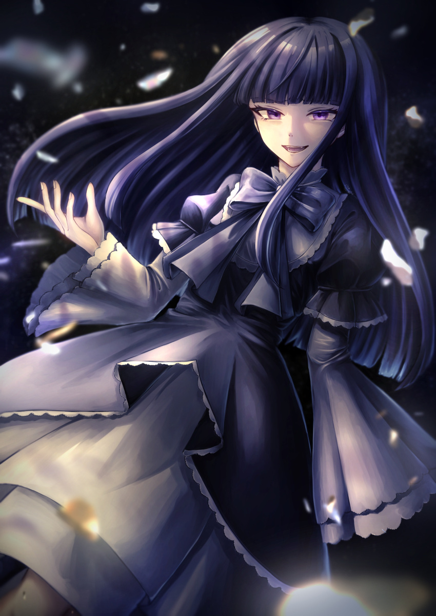 1girl absurdres black_background black_dress blue_bow blue_hair blunt_bangs blunt_ends bow dress dress_bow eyelashes fingernails flat_chest floating frederica_bernkastel frilled_dress frilled_sleeves frills highres hime_cut kakera layered_dress long_hair long_sleeves looking_at_viewer open_hand open_mouth puffy_sleeves purple_eyes purple_hair sidelocks smile solo straight_hair teeth umineko_no_naku_koro_ni wide_sleeves witch yamii_ne_char