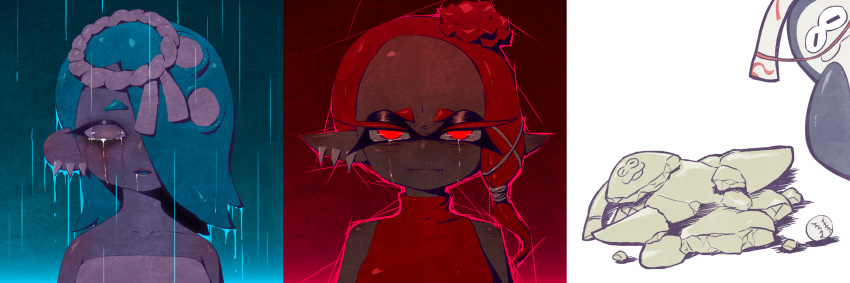 ambiguous_gender animal_humanoid anthro batoid big_man_(splatoon) bodily_fluids cephalopod cephalopod_humanoid crying exposed_shoulders female fish frye_(splatoon) group hi_res humanoid inkling looking_at_viewer looking_back male manta_ray marine marine_humanoid mikeinel mollusk mollusk_humanoid nintendo octarian octoling rock shiver_(splatoon) splatoon stingray tears trio