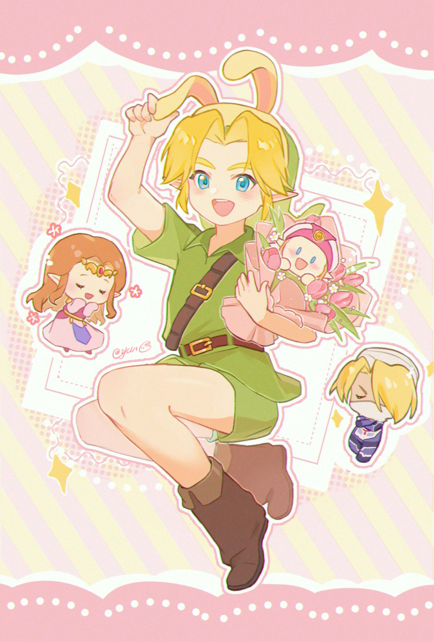 1boy 3girls animal_ears animal_hood blonde_hair blue_eyes boots bouquet brown_footwear chibi chinese_commentary closed_eyes commentary_request flower green_headwear green_shorts green_tunic hat highres holding holding_bouquet hood link mask mouth_mask multiple_girls multiple_persona orange_hair pointy_ears princess_zelda rabbit_ears rabbit_hood sheik shorts signature sparkle striped striped_background the_legend_of_zelda the_legend_of_zelda:_ocarina_of_time tulip turban young_link young_zelda yun_(dl2n5c7kbh8ihcx)