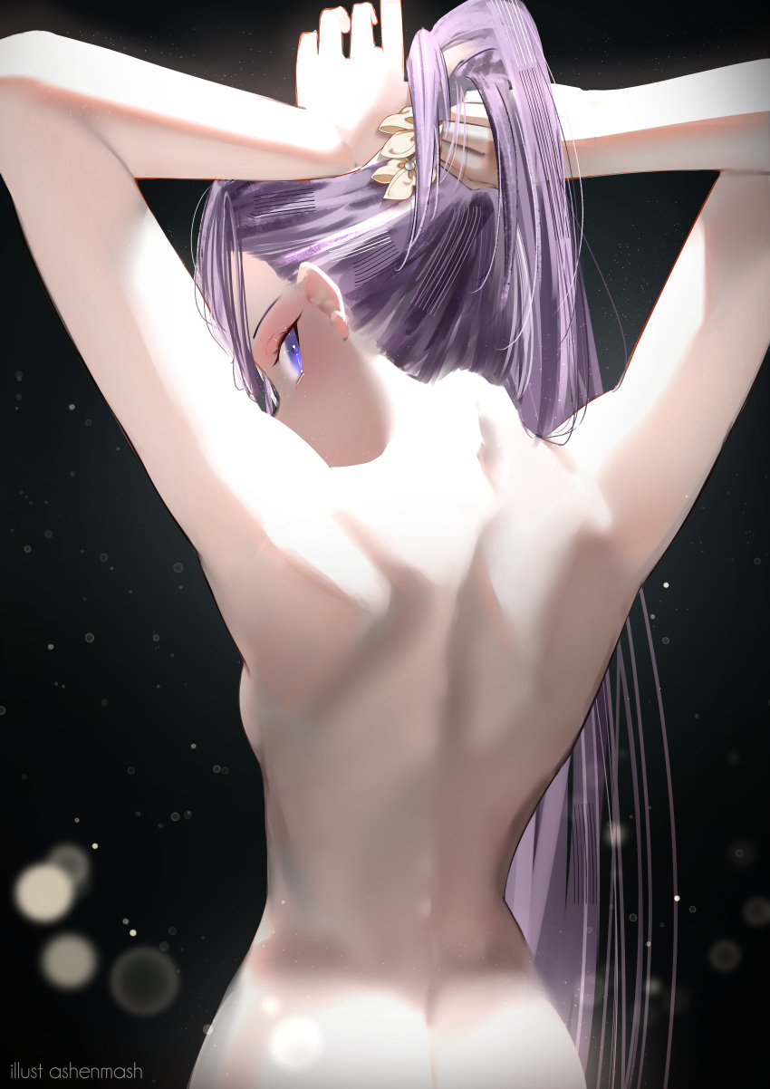 1girl absurdres back black_background breasts completely_nude cyrilashnmsh fate/extra fate/extra_ccc fate_(series) highres long_hair meltryllis_(fate) nude ponytail purple_eyes purple_hair scrunchie simple_background small_breasts solo standing tying_hair upper_body yellow_scrunchie