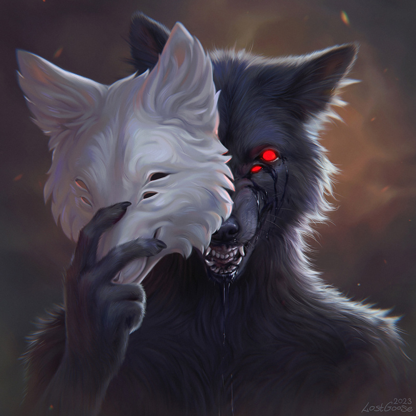 1:1 2023 ambiguous_gender anthro black_blood blood blood_from_mouth blood_in_mouth bodily_fluids canid cheek_tuft dated detailed empty_eyes facial_tuft fangs front_view fur grey_body grey_fur grey_inner_ear_fluff holding_mask inner_ear_fluff lostgoose mammal monotone_body monotone_fur multi_eye neck_tuft open_mouth red_eyes shoulder_tuft signature simple_background solo teeth tuft