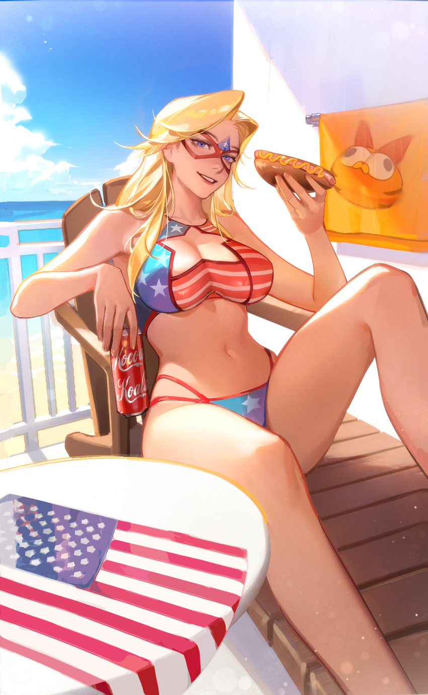 1girl absurdres american_flag american_flag_bikini american_flag_print bare_arms bare_legs bare_shoulders beach beach_chair bikini blonde_hair blue_eyes blue_sky breasts can chair cleavage cleavage_cutout clothing_cutout cloud cloudy_sky collarbone commentary day eye_mask eyelashes flag flag_print food garfield garfield_(character) grin hair_intakes highres holding holding_can holding_food hot_dog impossible_clothes impossible_swimsuit kamen_america kamen_america_(comic) knee_up large_breasts light_particles limart long_hair looking_at_viewer lounge_chair midriff navel ocean outdoors print_bikini print_towel reclining sky smile soda_can solo star_(symbol) star_cutout star_print summer swimsuit symbol-only_commentary table towel