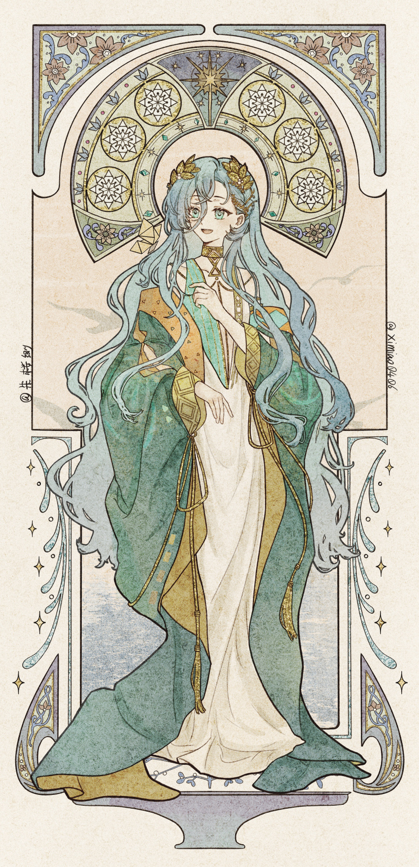 1girl 37_(reverse:1999) :d absurdres ancient_greek_clothes art_nouveau artist_name bare_shoulders blue_eyes blue_hair blue_robe full_body gold_choker greco-roman_clothes hand_up highres laurel_crown long_hair looking_to_the_side reverse:1999 robe signature smile solo toga very_long_hair zhuyingmiao