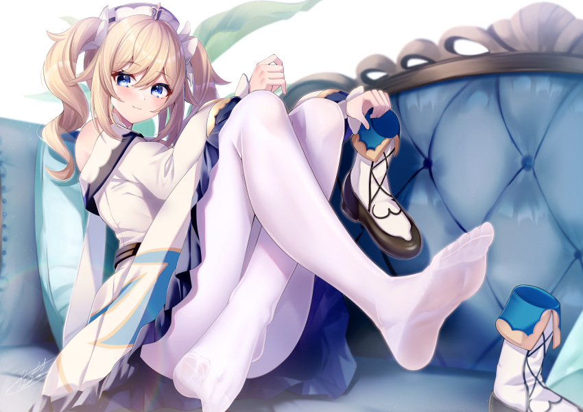 1girl absurdres barbara_(genshin_impact) blonde_hair blue_eyes boots closed_mouth couch crossed_legs dress genshin_impact hair_between_eyes highres holding holding_clothes holding_footwear knee_boots long_hair long_sleeves off_shoulder on_couch pantyhose pillow sidelocks sitting smile solo takemura_kou toes twintails unworn_boots white_dress white_footwear white_headwear white_pantyhose