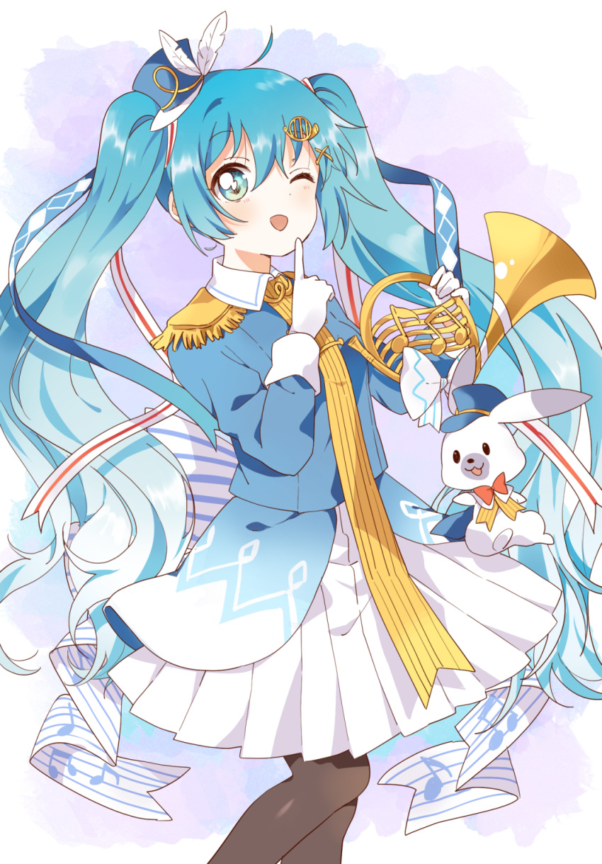 1girl animal blue_eyes blue_hair blush collared_shirt epaulettes french_horn gloves gradient_hair hair_ribbon hat hat_feather hatsune_miku highres holding holding_instrument index_finger_raised instrument instrument_hair_ornament jacket long_hair long_sleeves looking_at_viewer mini_hat multicolored_hair musical_note one_eye_closed pantyhose pleated_skirt rabbit rabbit_yukine ribbon sasaki_sakiko shirt skirt solo very_long_hair vocaloid yuki_miku yuki_miku_(2020)