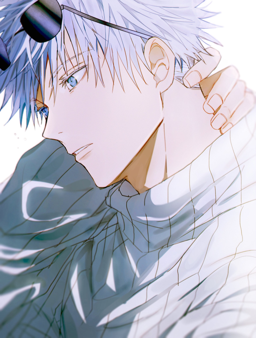 1boy absurdres blue_eyes eyewear_on_head gojou_satoru highres jujutsu_kaisen long_sleeves male_focus parted_lips portrait ribbed_sweater short_hair solo sunglasses sweater white_hair white_sweater yoon_(dmsco1803)