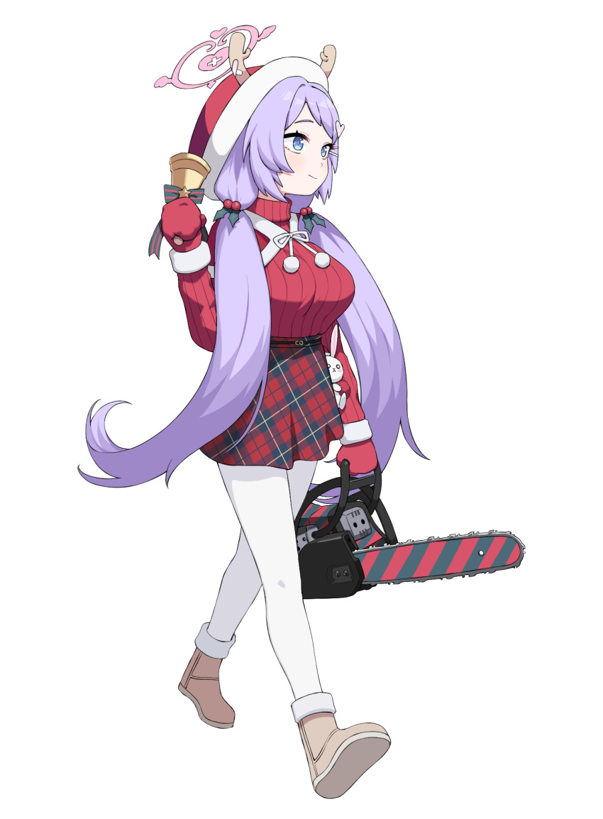 1girl antlers artpatient bell blue_archive blue_eyes boots breasts brown_footwear chainsaw christmas closed_mouth full_body gloves hair_ornament hanae_(blue_archive) hanae_(christmas)_(blue_archive) heart heart_hair_ornament highres holding holding_bell holding_chainsaw large_breasts long_hair long_sleeves low_twintails official_alternate_costume plaid plaid_skirt purple_hair red_gloves red_headwear red_skirt simple_background skirt smile solo twintails walking white_background