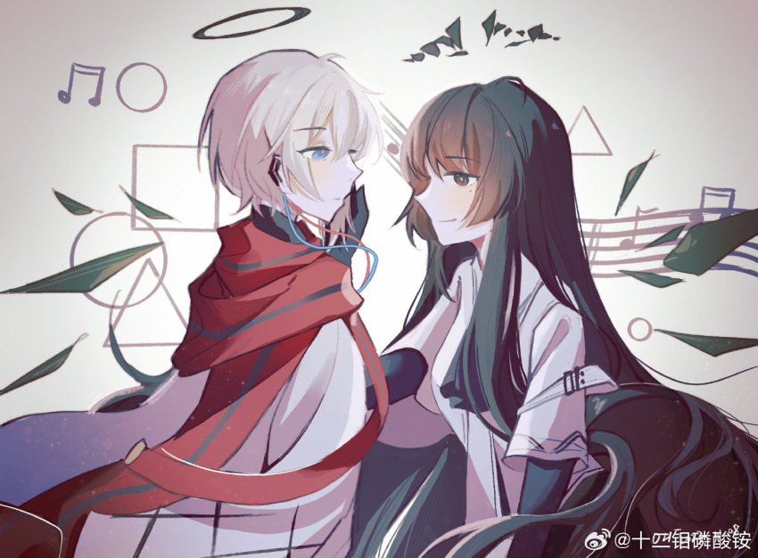 1boy 1girl ahoge ammoniumdodecamolybdate arknights artist_name backlighting belt belt_buckle black_eyes black_gloves black_hair black_halo black_wings bloom blue_eyes breasts broken_halo buckle cable chinese_commentary chinese_text circle cloak closed_mouth commentary_request cousins dark_halo detached_wings earpiece elbow_gloves energy_wings executor_(arknights) executor_the_ex_foedere_(arknights) expressionless eye_contact floating_hair from_side gloves gradient_background grey_background grey_hair hair_between_eyes hair_flowing_over halo hand_on_another's_cheek hand_on_another's_face hand_up high_collar jacket layered_sleeves light_particles light_smile long_hair long_scarf long_sleeves looking_ahead looking_at_another mechanical_halo mechanical_wings messy_hair mole mole_under_eye musical_note official_alternate_costume pale_skin parted_bangs profile red_scarf scarf shadow short_hair short_over_long_sleeves short_sleeved_jacket short_sleeves sidelocks single_vertical_stripe small_breasts square staff_(music) standing straight_hair striped striped_scarf triangle upper_body vertical-striped_scarf vertical_stripes very_long_hair virtuosa_(arknights) watermark weibo_logo weibo_username white_belt white_cloak white_jacket wings yellow_pupils