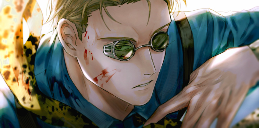 1boy animal_print blonde_hair blue_shirt collared_shirt goggles highres jujutsu_kaisen leopard_print lips male_focus nanami_kento necktie parted_lips portrait shirt short_hair solo suspenders yellow_necktie yoon_(dmsco1803)