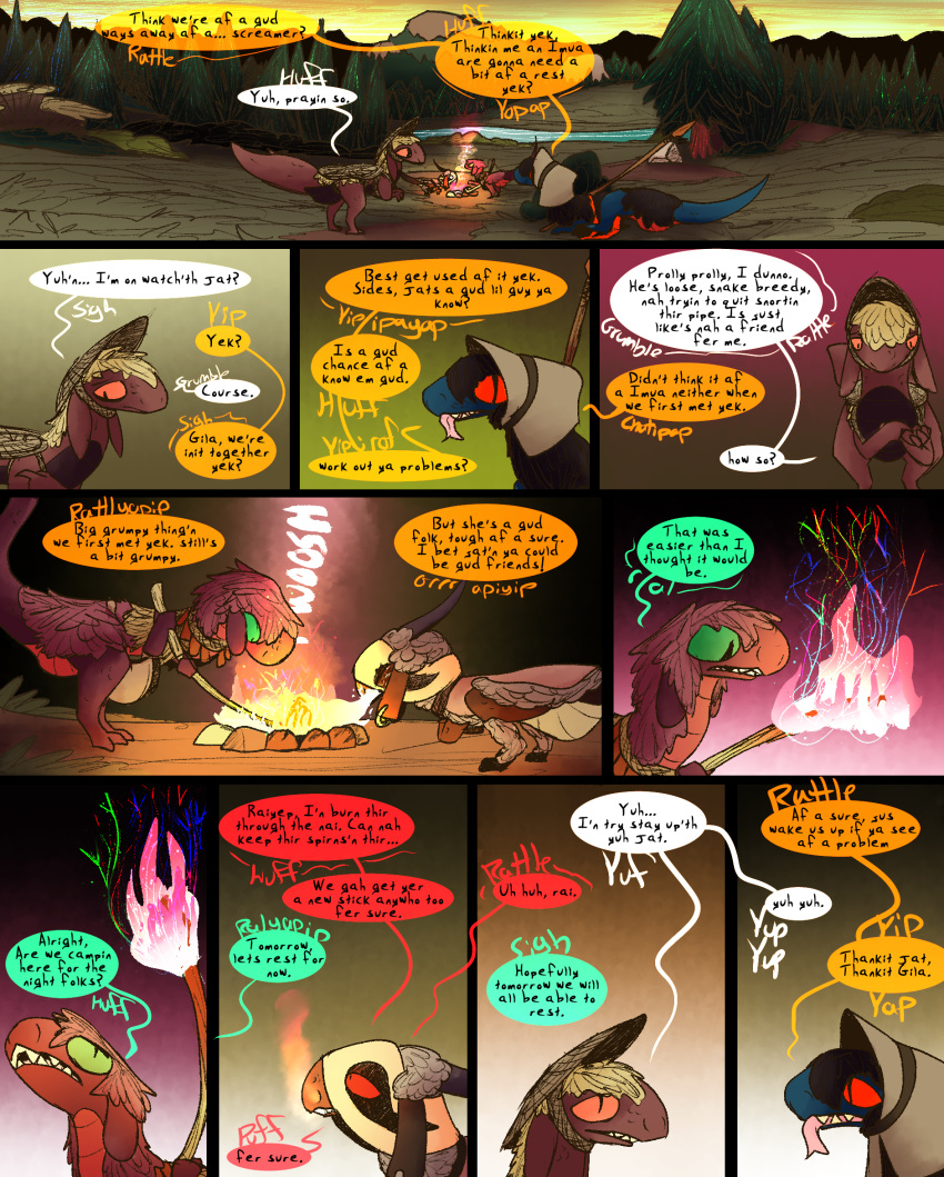 comic dialogue dinosaur dragon dragonscape drekir dromaeosaurid elemental_manipulation fantasy female feral fire fire_manipulation forest forl_(thepatchedragon) gila_(thepatchedragon) group hi_res hiker_(thepatchedragon) jat_(thepatchedragon) magic male plant post-apocalyptic reptile scalie text thepatchedragon theropod tree