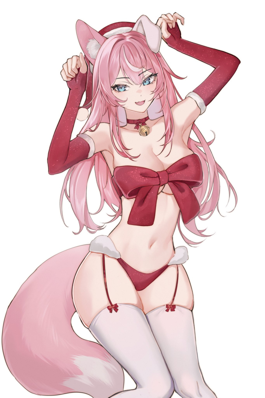 1girl animal_ear_fluff animal_ears arms_up bare_shoulders bell blue_eyes bow bow_bra bra breasts collarbone ear_down elbow_gloves english_commentary evangellium fang fingerless_gloves fox_ears fox_girl fox_tail gloves hat highres jingle_bell large_breasts legwear_garter long_hair looking_at_viewer multicolored_hair navel neck_bell open_mouth panties pink_hair red_bow red_gloves red_headwear red_panties red_ribbon ribbon ribbon_bra santa_hat simple_background skin_fang skindentation solo stomach streaked_hair tail thighhighs unaligned_ears underwear virtual_youtuber vyugen white_background white_hair white_thighhighs yuniiho_(vtuber)