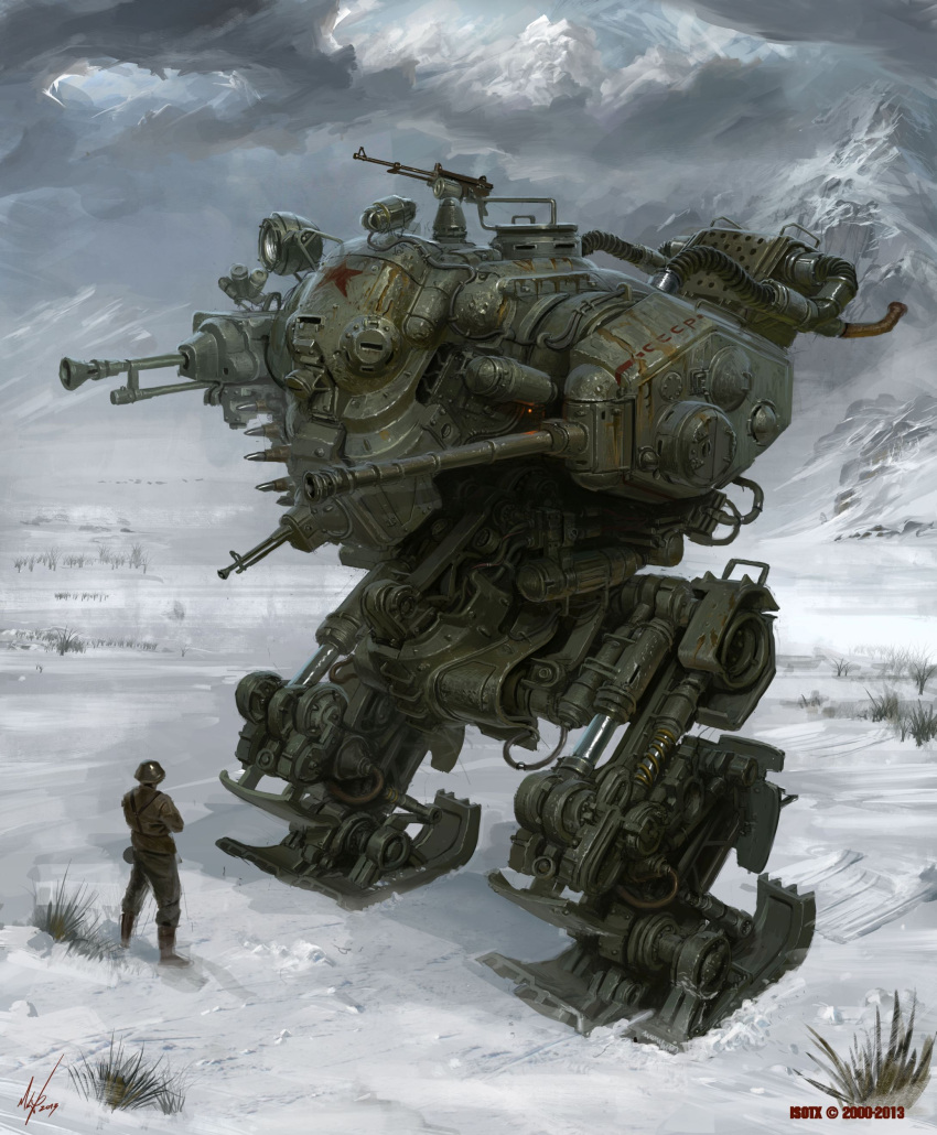 1boy absurdres cannon dieselpunk dshk gun heavy_machine_gun highres looking_up machine_gun mecha mecha_focus michal_kus military_uniform mountain original red_star robot science_fiction soviet soviet_army star_(symbol) uniform walker_(robot) weapon